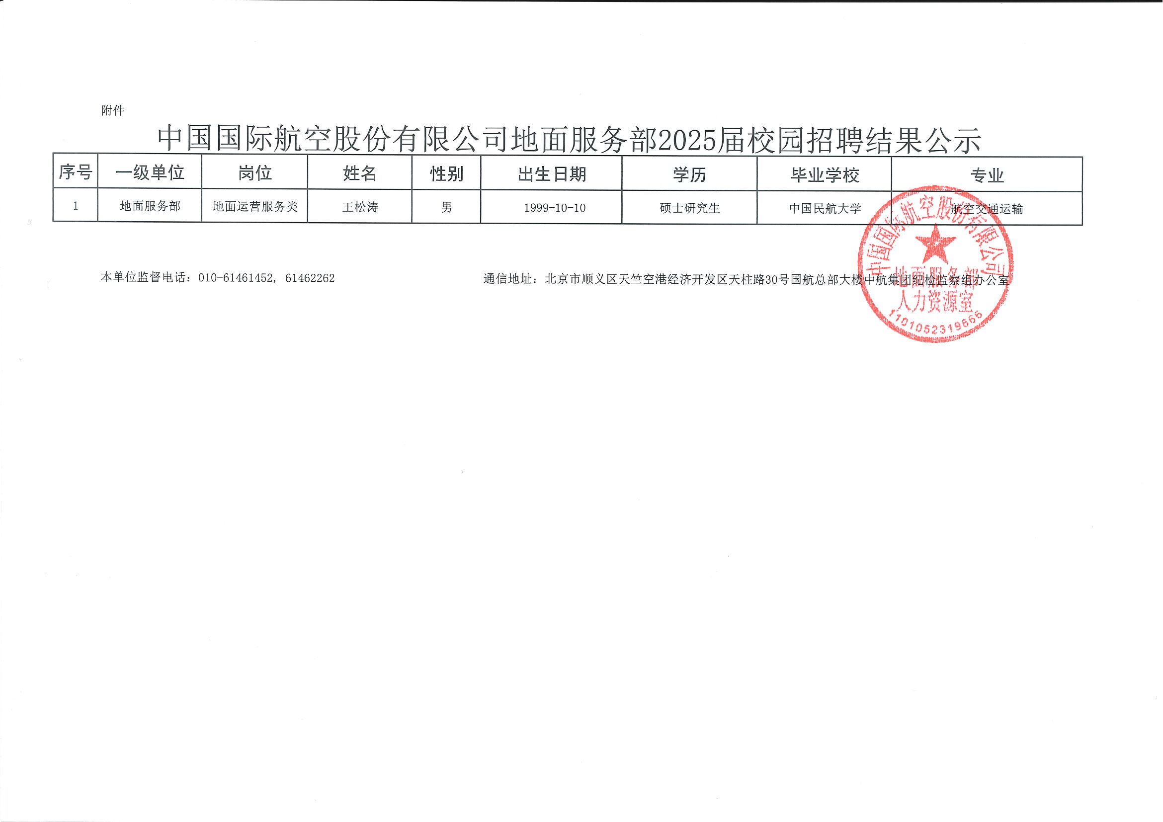 中国国际航空股份有限公司地面服务部2025届校园招聘结果公示