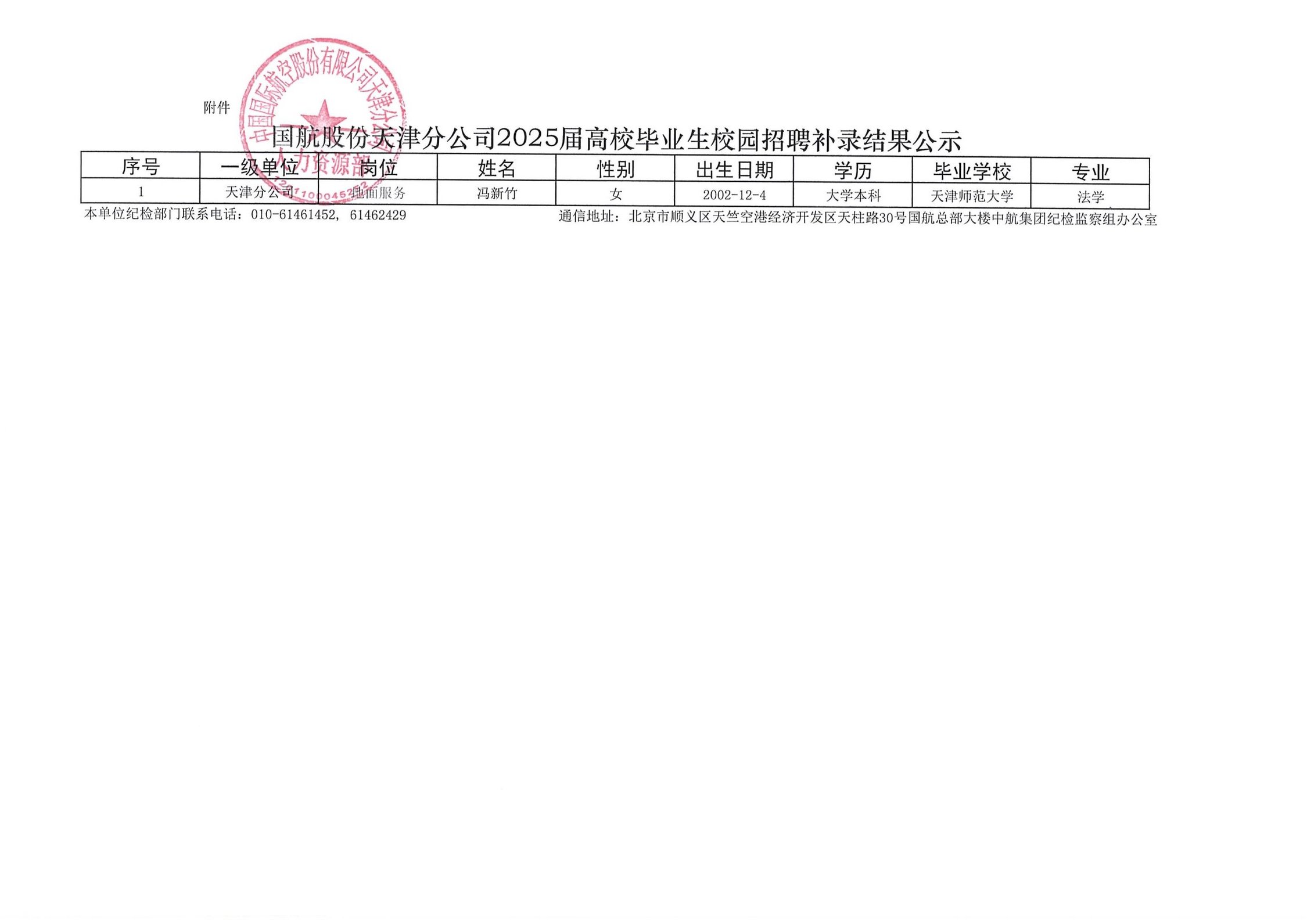 国航股份天津分公司2025届高校毕业生校园招聘补录结果公示